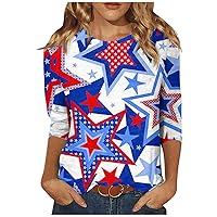 Red White and Blue T-Shirt 3/4 Sleeve Women's Fashionable Casual 4th of July Tops for Women Plus Size Printed Crew Neck Top