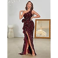 Dresses for Women One Shoulder Ruffle Trim Split Thigh Sequin Formal Dress (Color : Maroon, Size : Small)