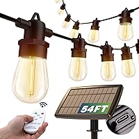 54(48+6) FT Solar String Lights Outdoor Waterproof with USB Port & Remote Control Solar Patio Lights Long Last for 20+Hrs Dimmable Solar Power LED Bulbs for Porch Garden Market Bistro