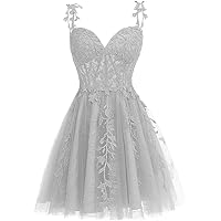 Women's Tulle Homecoming Dresses for Teens Spaghetti Strap Lace Applique Short Prom Dresses Cocktail Mini Dress