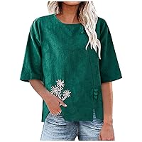 Women Half Sleeve Cotton Linen Shirts Floral Embroidered Chinese Frog Button Style Tee Tops Summer Crewneck Pullover