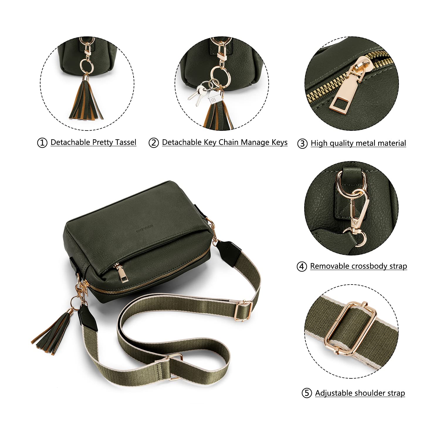 Roulens Triple Zip Small Crossbody Bag for women,Wide Strap Cell Phone Purse  Shoulder Handbag Wallet with Credit Card Slots: Handbags