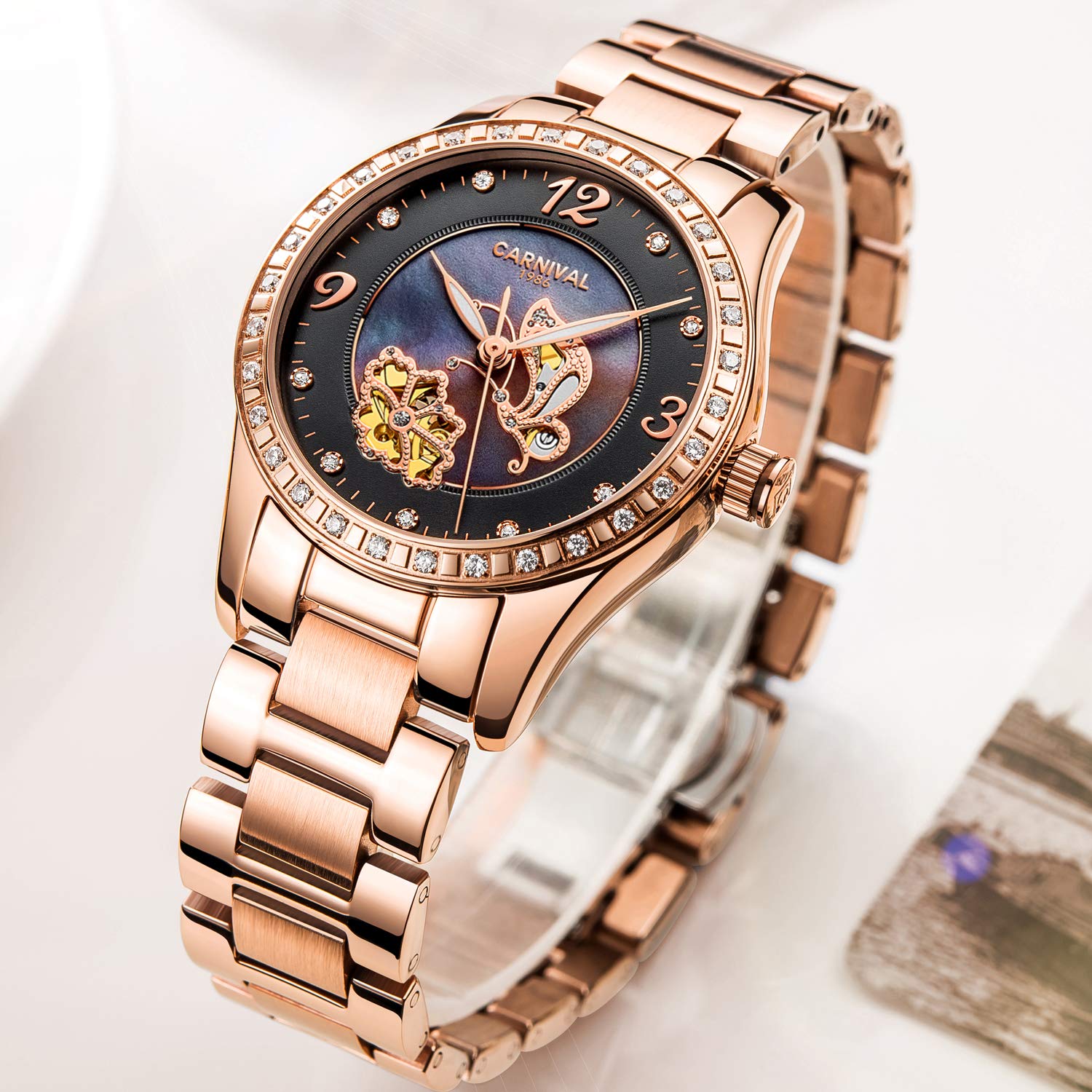 （Carnivalカーニバル）腕時計 自動巻き 機械式 夜光 ダイヤ装飾 レディース ローズゴールド ブラック