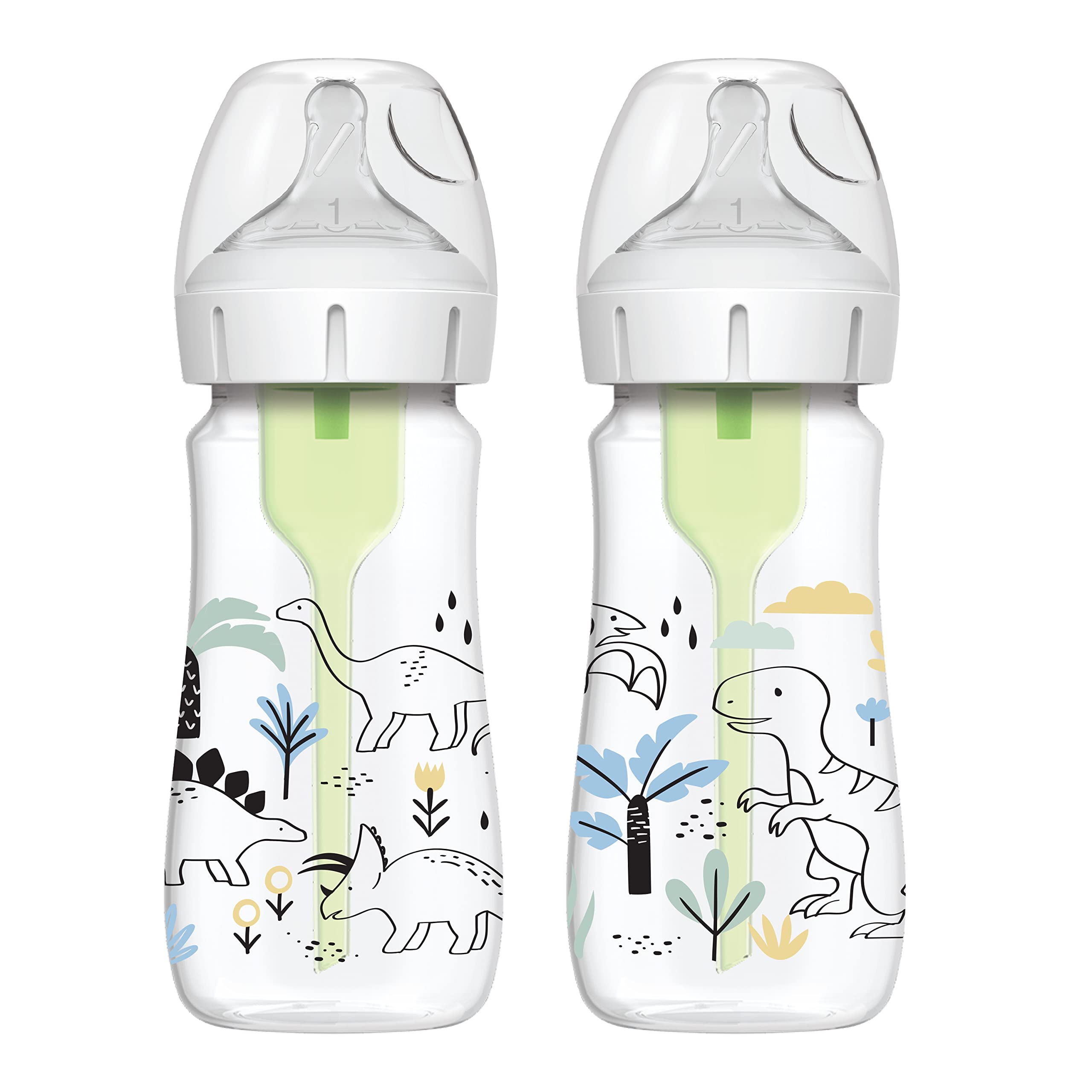 Dr. Brown's Natural Flow® Anti-Colic Options+™ Wide-Neck Baby Bottle Designer Edition Bottles, Dino Decos, 9oz/270mL, Level 1 Nipple, 2-Pack, 0m+