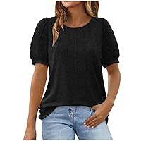 Summer Tops for Women Swiss Dot Short Sleeve Blouse Crewneck Pleated Dressy Casual T Shirts Fashion Solid Tunic Top