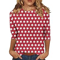 4Th of July Outfits for Women 3/4 Length Sleeve Womens Tops Summer Patriotic Shirts Casual Ladies Crew Neck Blouses