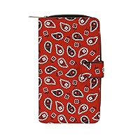 Red Paisley Bandana Womens Wallet Leather Card Holder Purse RFID Blocking Bifold Clutch Handbag with Zipper Pocket