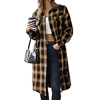 HOTOUCH Long Flannel Shirts for Women Shoulder Drop Plaid Coat Oversized Button Down Shacket Jackets with Pocket S-XXL