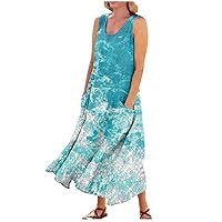 Women Plus Size Cotton Linen Long Dresses Sleeveless Crew Neck Flowy Swing Dress Trendy Floral Print Beach Sundresses