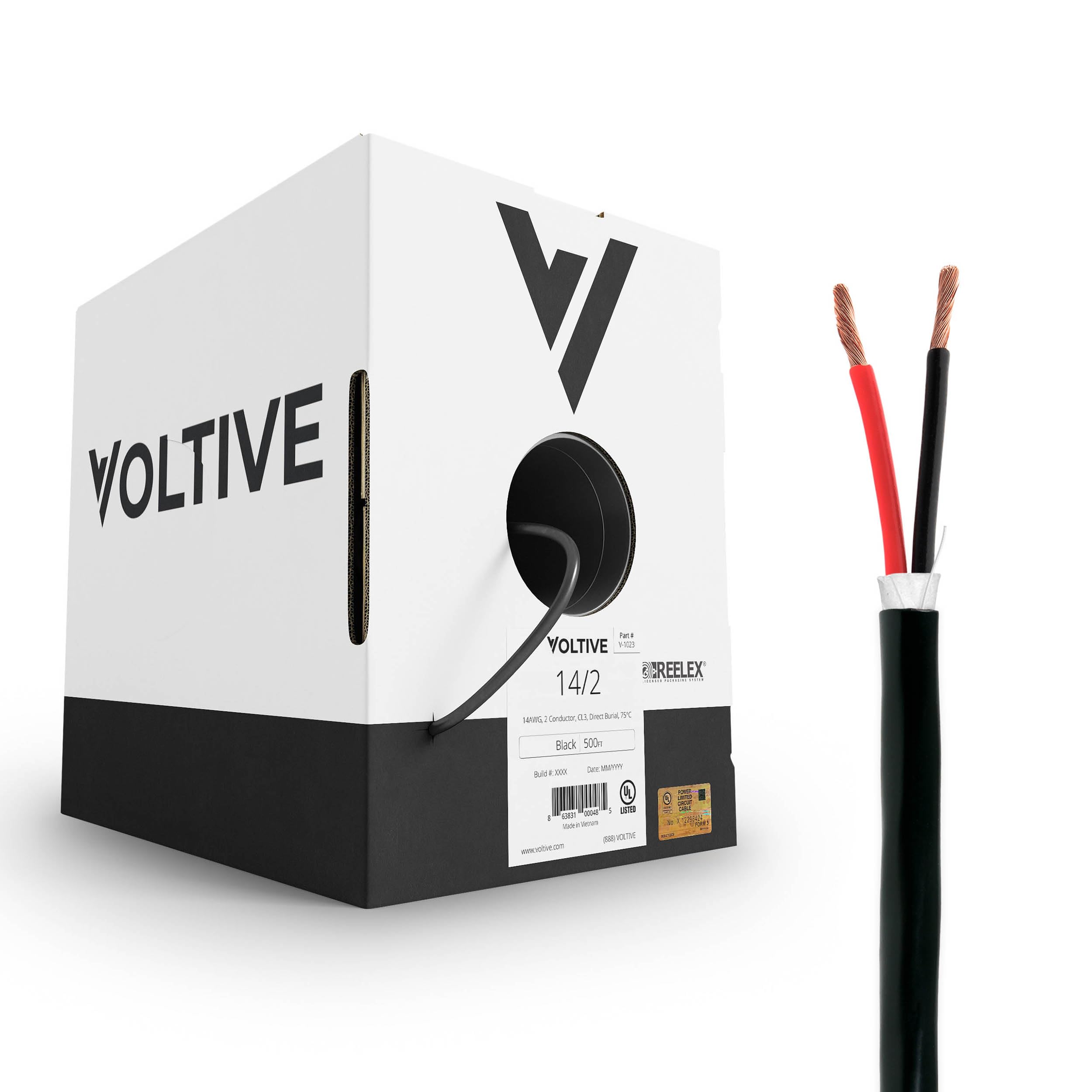 Voltive 14/2 Speaker Wire - 14 AWG/Gauge 2 Conductor - UL Listed in Wall (CL2/CL3) and Outdoor/In Ground (Direct Burial) Rated - Oxygen-Free Copper (OFC) - 500 Foot Bulk Cable Pull Box - Black