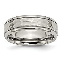 Solid Titanium 7mm Grooved Edge Hammered and Wedding Band Ring Comfort-Fit