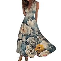 Womens Summer Maxi Dress 2024 Elegant Sleeveless Maxi Dress Trendy Floral Print Flowy Beach Dress