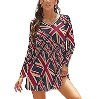 UK Great Britain Flags Sundresses for Women Long Sleeve V Neck Print Mini Loose T-Shirt Dress
