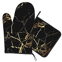 Black Gold Marble Oven Gloves and Pot Holders 2-Pack, Heat Resistant Gloves for Baking, Cooking, Grilling