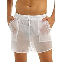 FEESHOW Mens Swim Trunks See-Through Drawstring Swimming Boxer Beach Shorts Swimsuits with Pocket