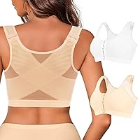 Women's Front Closure Posture Correcting Bra 2 Piece Wireless Back Support Full Coverage Bra Comfy Unpadded