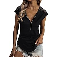 Women Short Sleeve Tops Zip up V Neck Casual Tee Summer Shirt Lace Patchwork Trendy Basic Tee