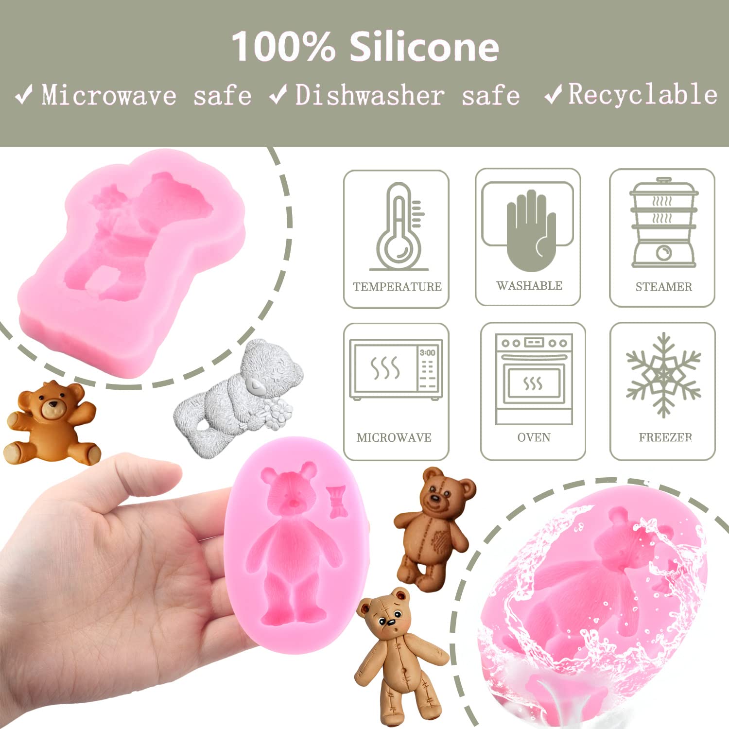 ZiXiang Bear Silicone Fondant Molds For Teddy Bears Chocolate Candy Gum Paste Crafting Polymer Clay Cake Decorating Set of 4