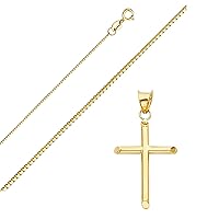 14K Yellow Gold Box Chain Cross Pendant Necklace - Real Yellow Gold Religious Charm Pendant Necklace - Ideal Gift for Men and Women