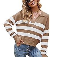 Flygo Women's Long Sleeve Polo Shirts Loose Striped V Neck Sweater Knit Crop Tops