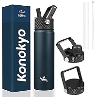 Insulated Water Bottle with Straw,22oz 3 Lids Metal Bottles Stainless Steel Water Flask,Navy Blue