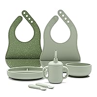 Lalo First Bites Silicone Baby Feeding Set - Baby Led Weaning Supplies - Non-Toxic Silicone - Includes 2 Bibs, 2 Spoons, Training Cup, Suction Plate and Bowl - 6 Pieces - Sage