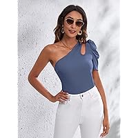 Women's T-Shirt One Shoulder Cut-Out Puff Sleeve Tee T-Shirt for Women (Color : Dusty Blue, Size : Small)