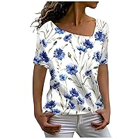 Women's Printed L-Neck Short Sleeve Top Blouse Summer Fashion Casual Tees Basic Loose Comfortable Bottom T Shirt