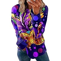 Mardi Gras Sweatshirts for Women Scoop Neck Full Sleeve Gras Party Mask Costume T-Shirt Workout Shirts for Women