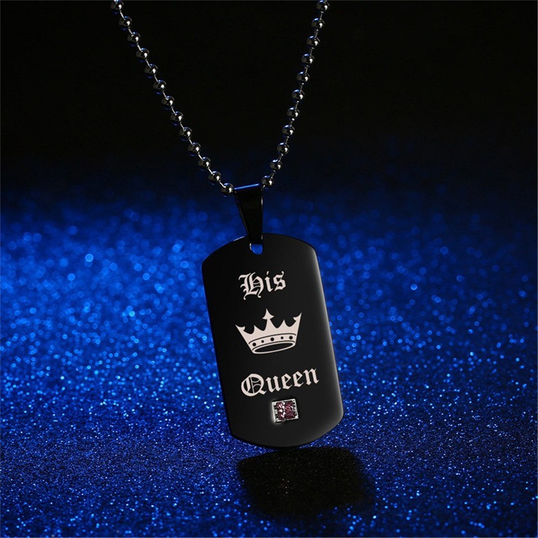 Uloveido His Queen & Her King Couples Square Pendant Necklaces for Men and Women Black and Gold Color Titanium SN115