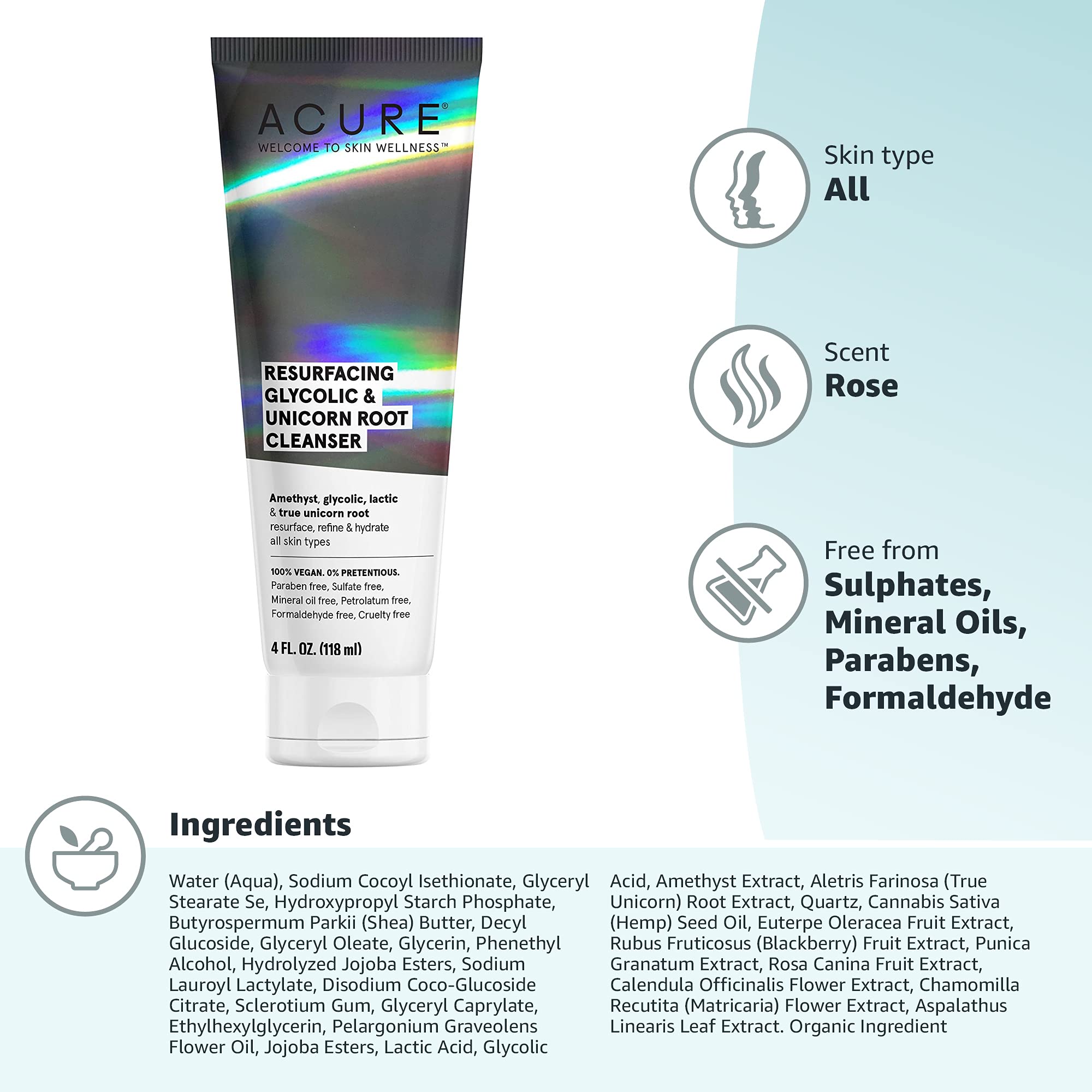 Acure Resurfacing Glycolic + True Unicorn Root Cleanser, 100% Vegan, Amethyst, Lactic, Resurface, Refine & Hydrates, All Skin Types, Rose, 4 Fl Oz