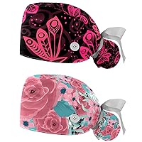 2 Packs Scrub Cap Women with Buttons, Adjustable Elastic Tie Back Skull Hats, Rose Romantic Love Bouffant Surgical Cap