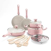 GreenLife Soft Grip Healthy Ceramic Nonstick, 14 Piece Cookware Pots and Pans Set, PFAS-Free, Dishwasher Safe, Soft Pink