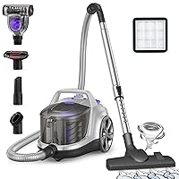 Aspiron Canister Vacuum Cleaner, Lightweight Bagless Vacuum Cleaner, 3.7QT Large Dust Cup, Automatic Cord Rewind, 5 Tools, HEPA Filter, Variable Speed Portable Vacuum for Hard Floors, Pet, Car, Silver