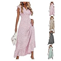 Sundresses for Women Sexy, Ladies Casual Vacation New V Neck Ruffled High Waist Dress Ruffle Birthday, S XL