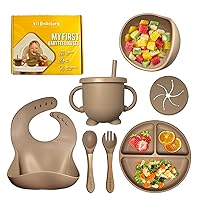 Li'l Rockstar Baby Led Weaning Supplies - Silicone Baby Feeding Set – Silicone Baby Bibs Suction Bowl Divided Plate Cup Self Feeding Spoons – Baby Toddler Dish Set (Dark Beige)