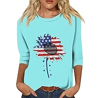 Workout Tops, American Flag Shirt Women Cute Tops for Women Ladies Independence Day Print Tunic Trendy 3/4 Sleeve 2024 Tee O-Neck Loose Shirt Daily Shirt Dressy Tshirt Plus Size (Light Blue,Small)