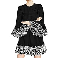 Women's Fashion Loose-fit Cuff Embroidery Pagoda 3/4 Sleeve Dress Tunic Black