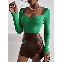 Women's Sweater 2022 Solid Sweetheart Neck Sweater Women's Clothing (Color : Green, Size : Large)