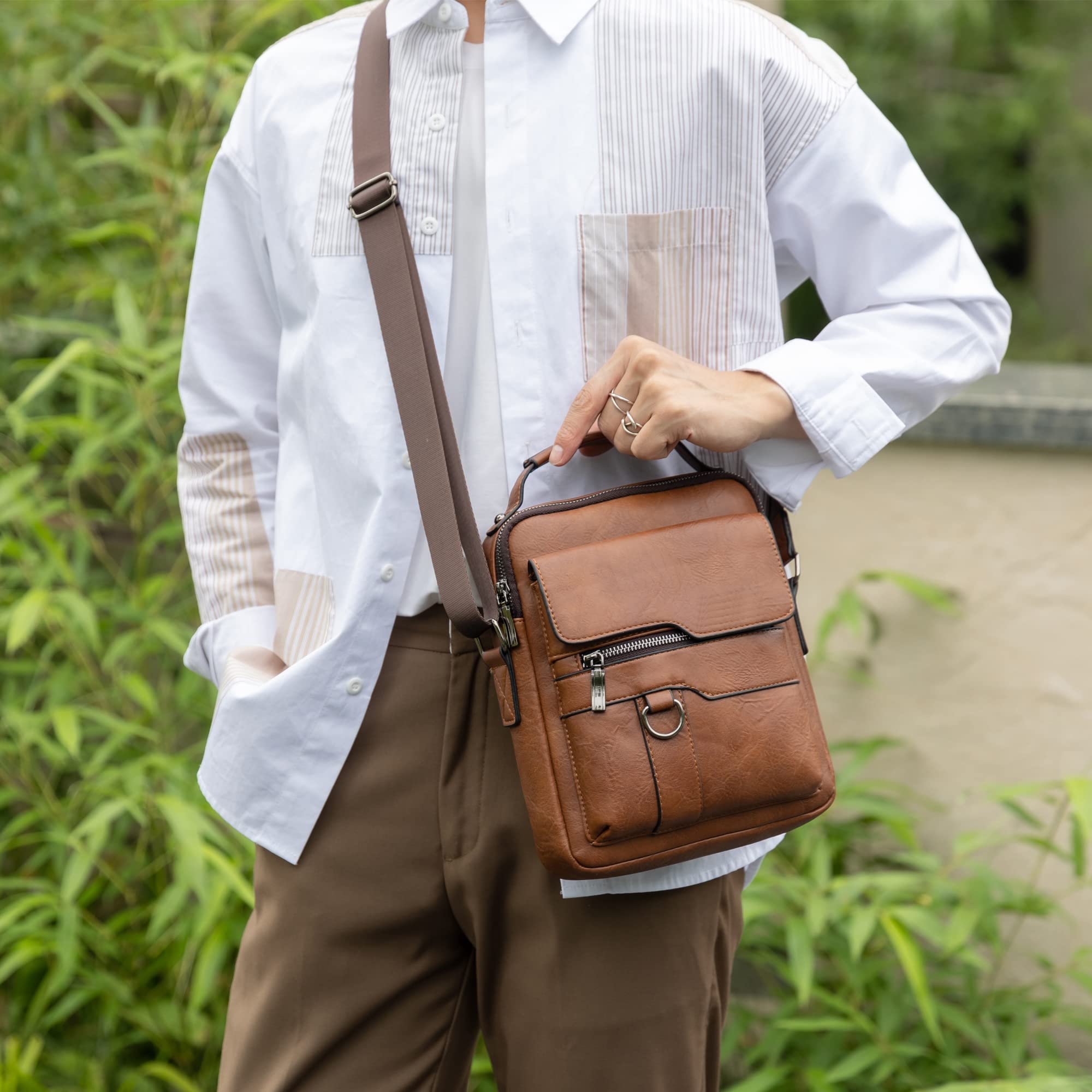 HANGMAI Small Leather Crossbody Bag, Mens Shoulder Bag, Office Business Magnetic Buckle Adjustable Strap