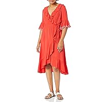 Moon River Women's Ruffle Faux WRAP Dress with Scallop Hem and Tassel TIE, Tomato, s