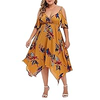 Womens Spaghetti Strap Short Sleeve Cold Shoulder Dress Floral Dress for Women Chiffon Beach Hawaiian Midi Dress