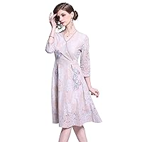 Women's V Neck 3/4 Sleeve Lace Floral Embroidered Wrap Front Midi Dress