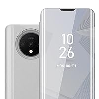 Case Compatible with OnePlus 7T in Agate Silver - Clear View Mirror Protective Cover - Ultra Slim Case Cover Etui Pouch with Stand Function 360 Degree Protection Book Folding Style