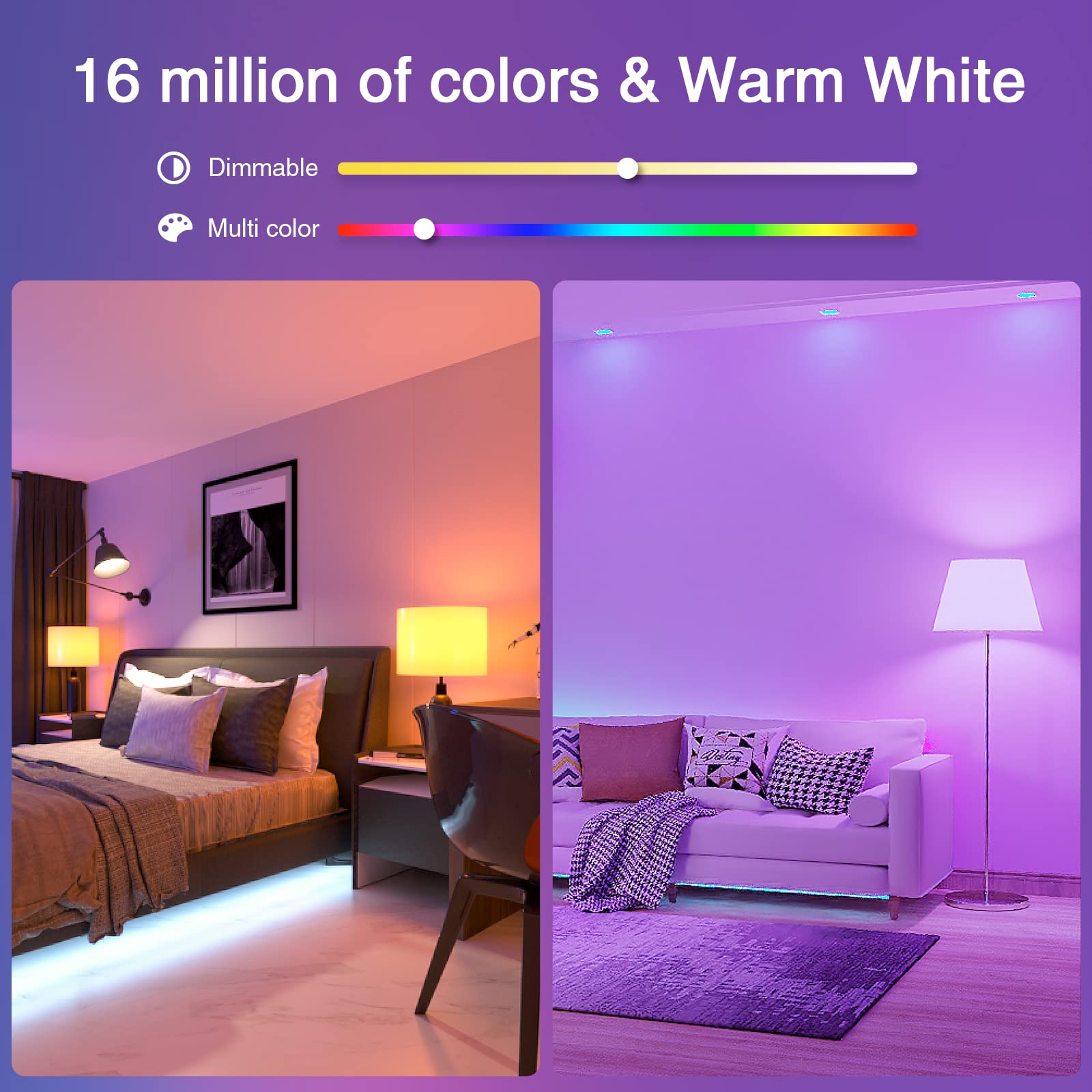 Ghome Smart Light Bulbs, A19 E26 Color Changing Led Bulb Works with Alexa, Google Home, App & Voice Control, 2.4Ghz WiFi Only, 800 Lumens,Dimmable RGB Warm White 2700K Smart Home Lighting, 4 Pack(WB4)