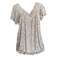 Plus Size Women Boho Floral V Neck Comfy T-Shirts Summer Short Sleeve Pleated Flowy Trendy Casual Loose Fit Tops
