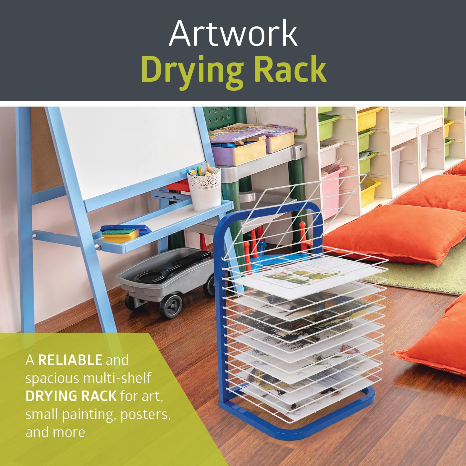 Pearington Tabletop or Wall Mount 15-Shelf Art Drying Rack, Heavy-Duty Steel Space-Saving Art Rack for Classrooms and Art Studios, Blue