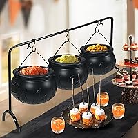 ORIENTAL CHERRY Halloween Decor - Halloween Party Decorations - Set of 3 Witches Cauldron Serving Bowls on Rack - Black Plastic Cauldron for Indoor Outdoor Home Kitchen Decoration