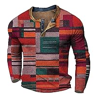 Mens Long Sleeve Henley Shirt 1/4 Button Plaid Printed Distressed Vintage Tops Color Block Slim Fit Golf Polo Shirts