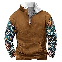 Mens Cowboy Sweatshirt Vintage Enthic Print Western Aztec Pullover Casual Long Sleeve 1/4 Zip Golf Shirts